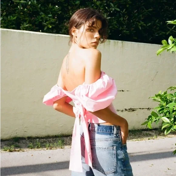 Zara CONTRAST KNIT TOP pink tie straps off shoulder - Picture 3 of 4